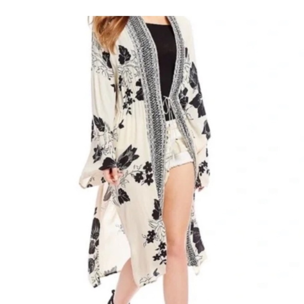 Billabong black and white floral kimono beach coverup with front tie!